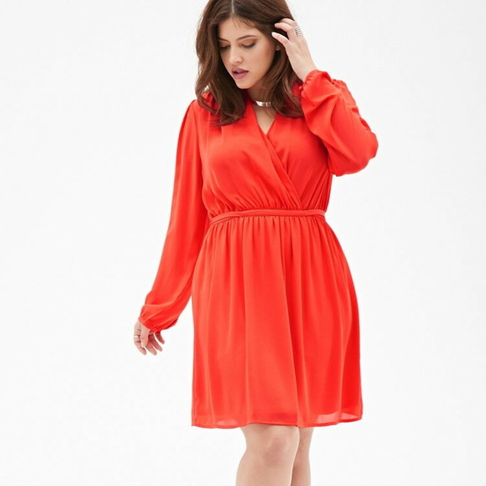 Forever 21 Plus‎ Size Tomato Sheer Chiffon Surplice Dress 3x